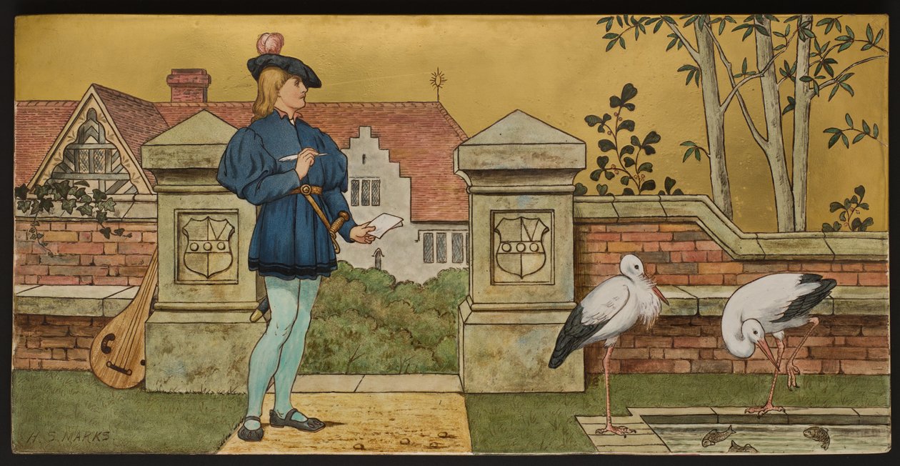 O amante, placa que descreve uma ilustração de Shakespeares Seven Ages, Minton ware, Staffordshire, 1874 (louça esmaltada) de Henry Stacey after Marks
