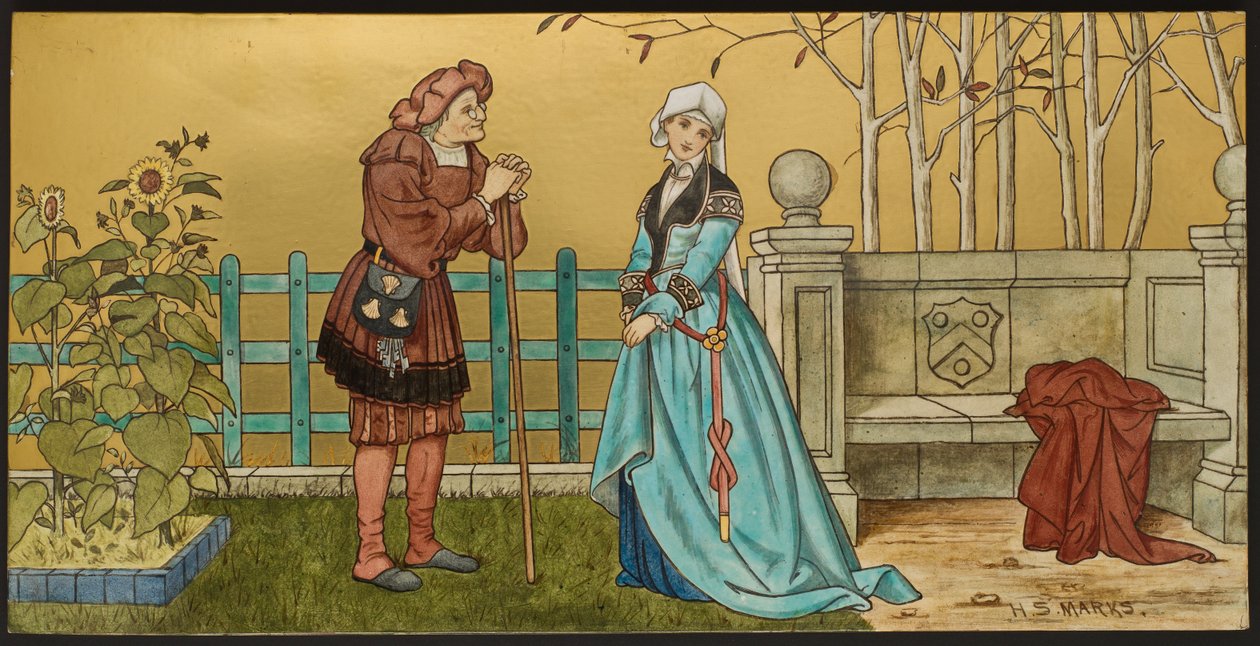 O Pantaloon, placa representando uma ilustração de Shakespeares Seven Ages, Minton ware, Staffordshire, 1874 (louça esmaltada) de Henry Stacey after Marks