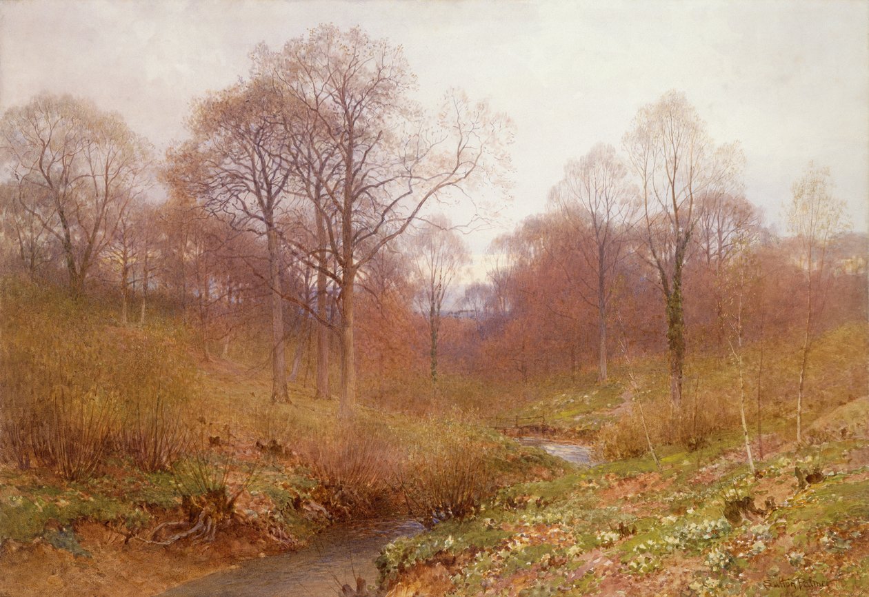 Um rio arborizado, Outono Paisagístico (aguarela) de Henry Sutton Palmer