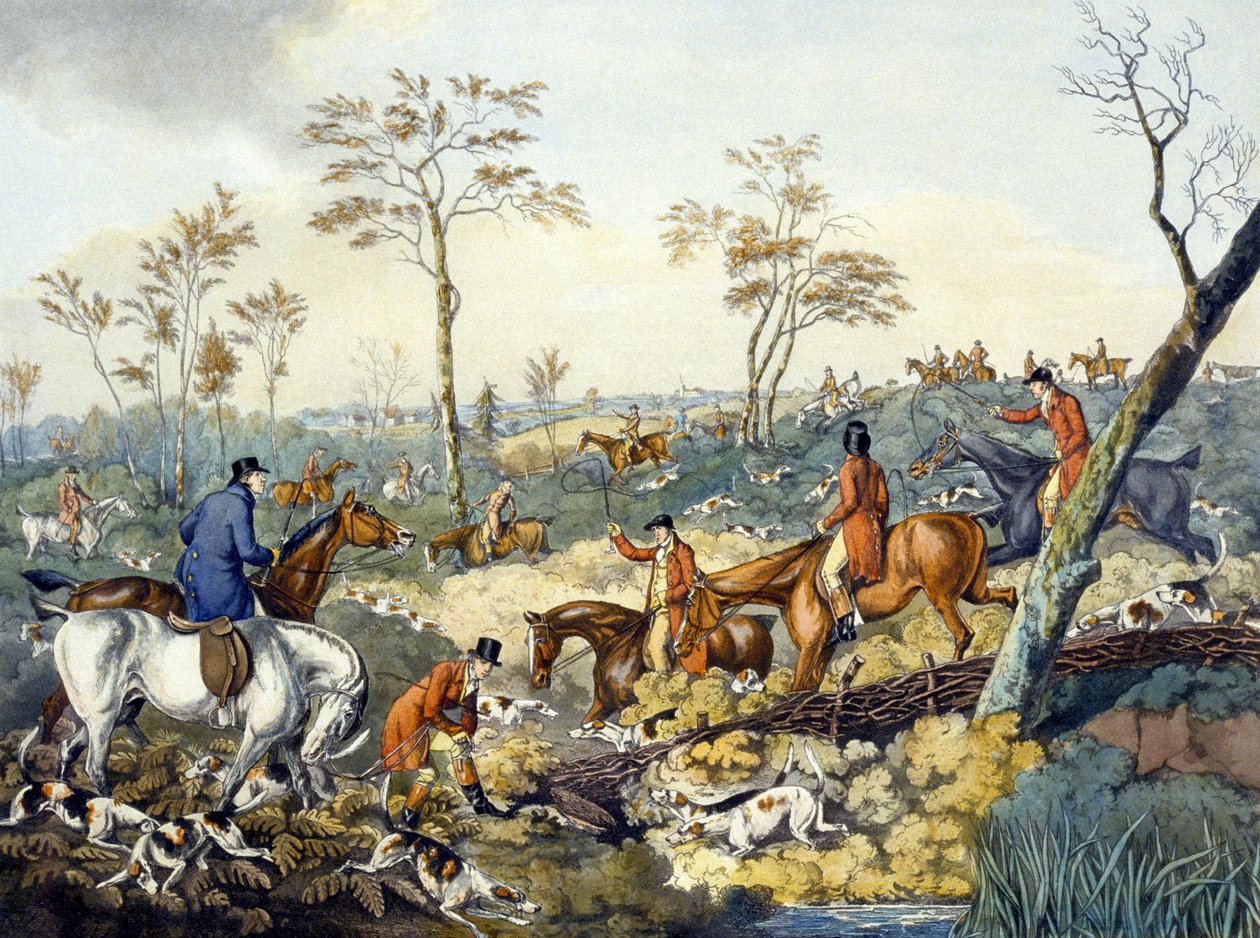 Desenho de uma capa, de "Foxhunting", gravado por Thomas Sutherland (1785-1838) (cor litho) de Henry Thomas (after) Alken