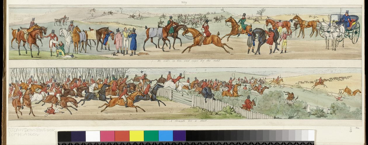 9. Minha alma está em chamas e ansiosa pelo campo! 10. Uma luta para começar. Uma viagem de caça a Melton Mowbray, 1822 de Henry Thomas Alken