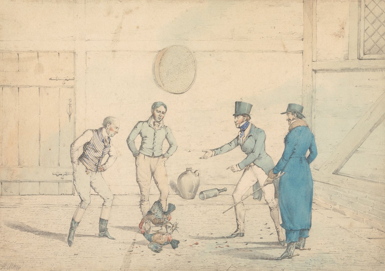 Uma luta de galos observada por quatro homens num anexo: A luta, gravada como prancha 39 em "The National Sports of Great Britain" de Henry Thomas Alken