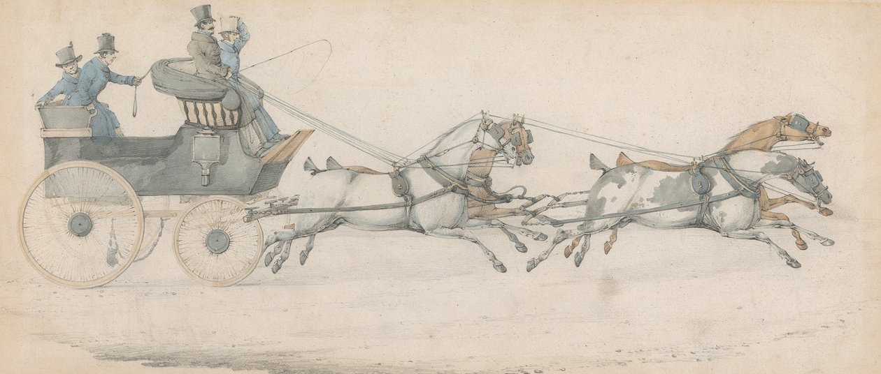Um cavalheiro conduz uma parelha de quatro diante de um faetonte postal, acompanhado por três moços de estrebaria de Henry Thomas Alken