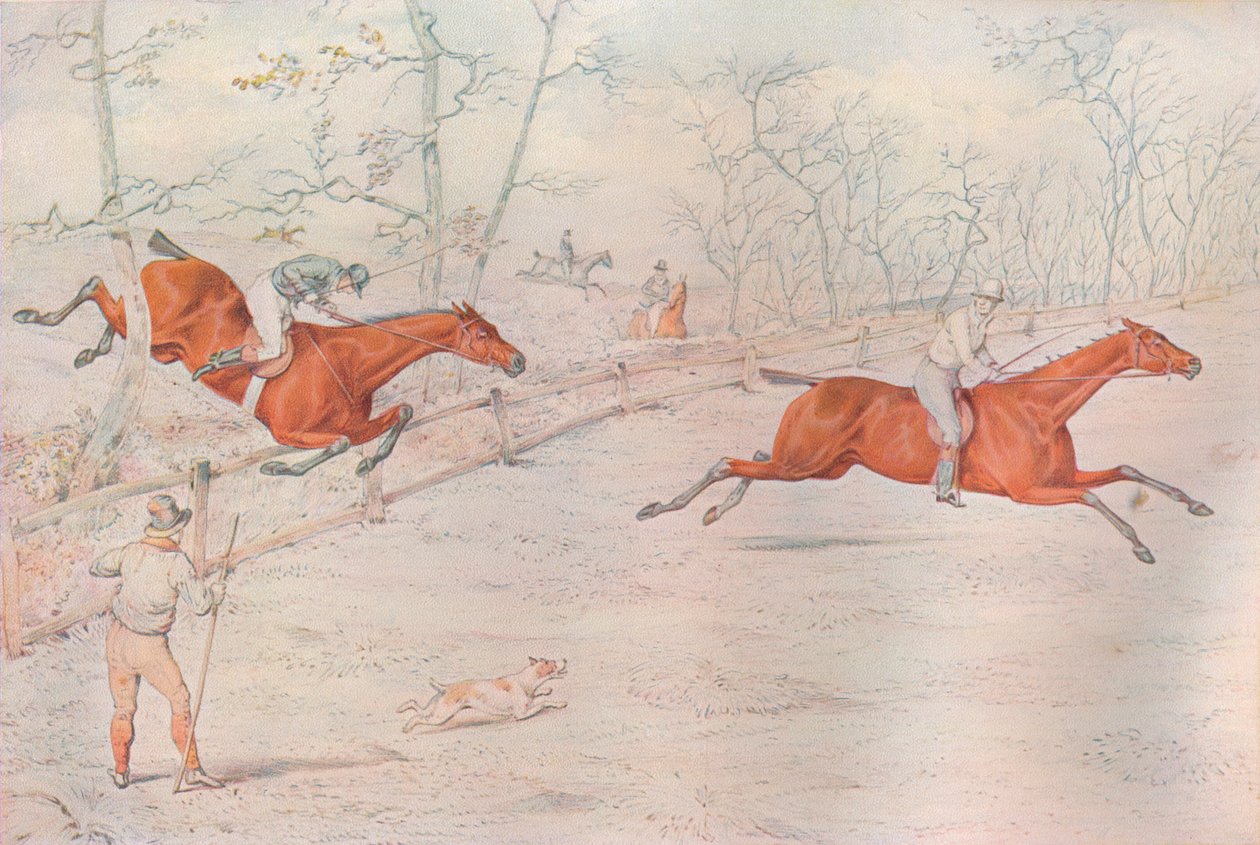 Uma corrida de obstáculos: Cobrindo uma cerca forte de boi. Abaixo de cem !, 1927 de Henry Thomas Alken