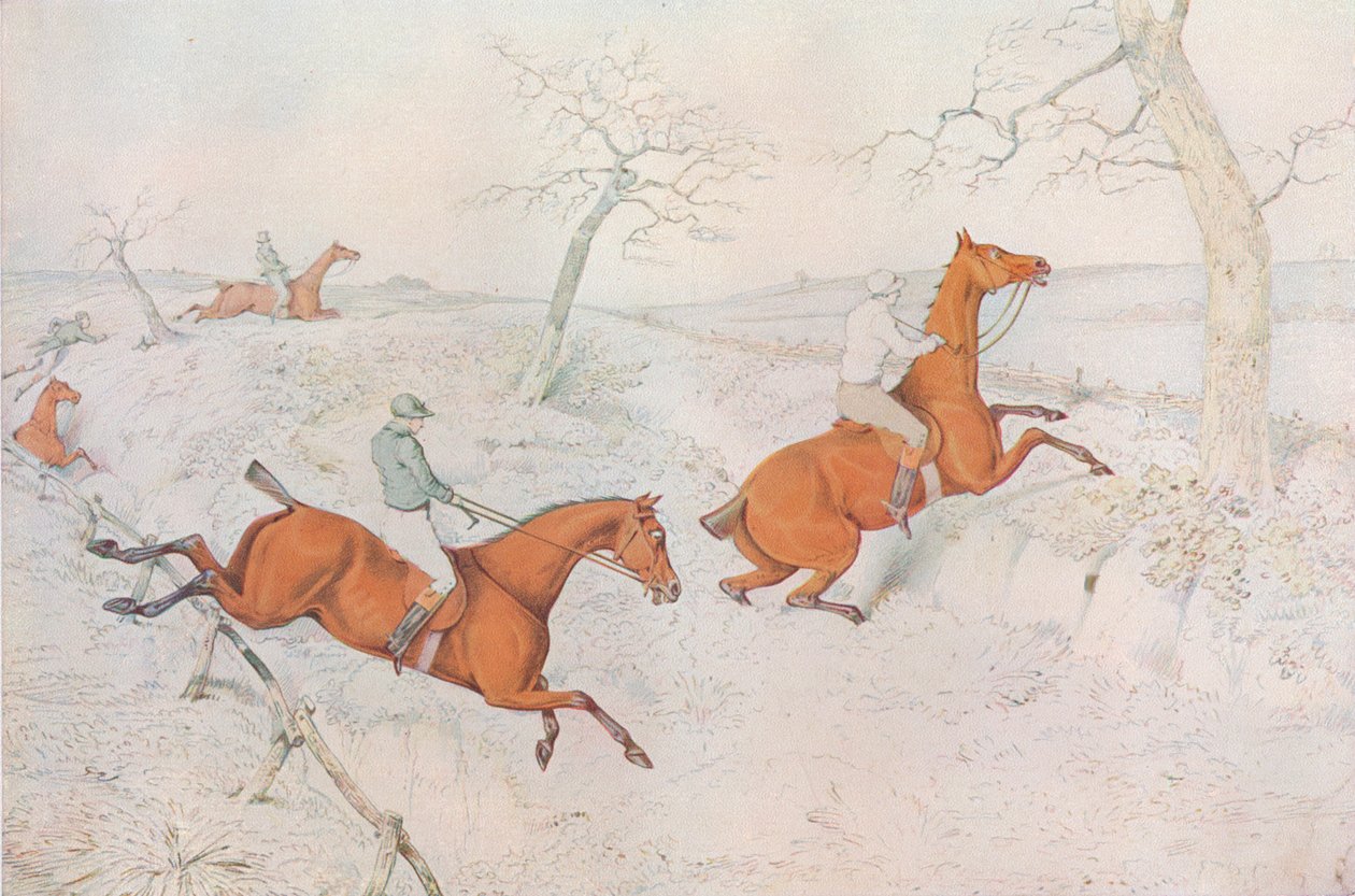 Uma corrida de obstáculos: atravessando uma ravina profunda perigosa de passar, 1827 de Henry Thomas Alken