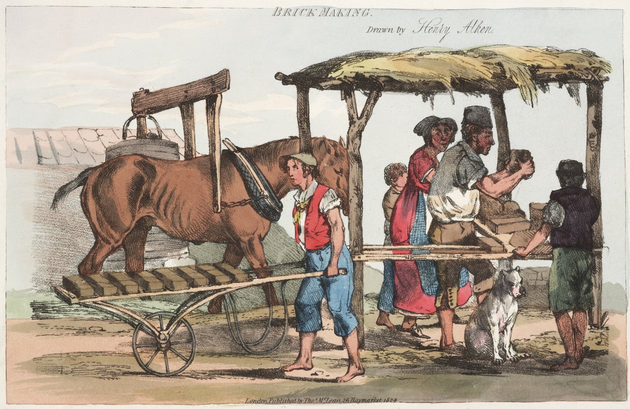 Brick Making, publicado por Thomas Mclean de Haymarket, 1824 (gravura colorida) de Henry Thomas Alken