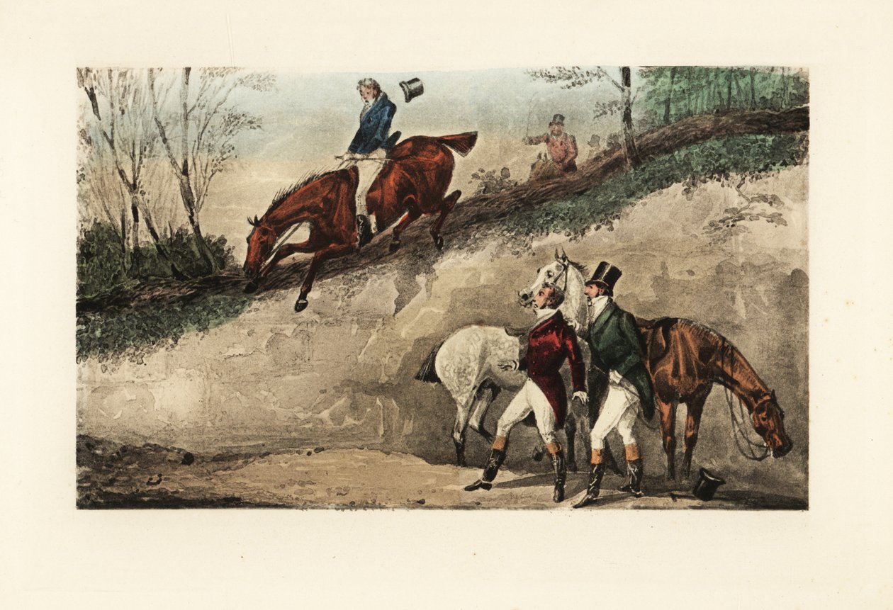 Cavalheiro inglês a cavalo a dar um salto de um embandeiramento íngreme de Henry Thomas Alken