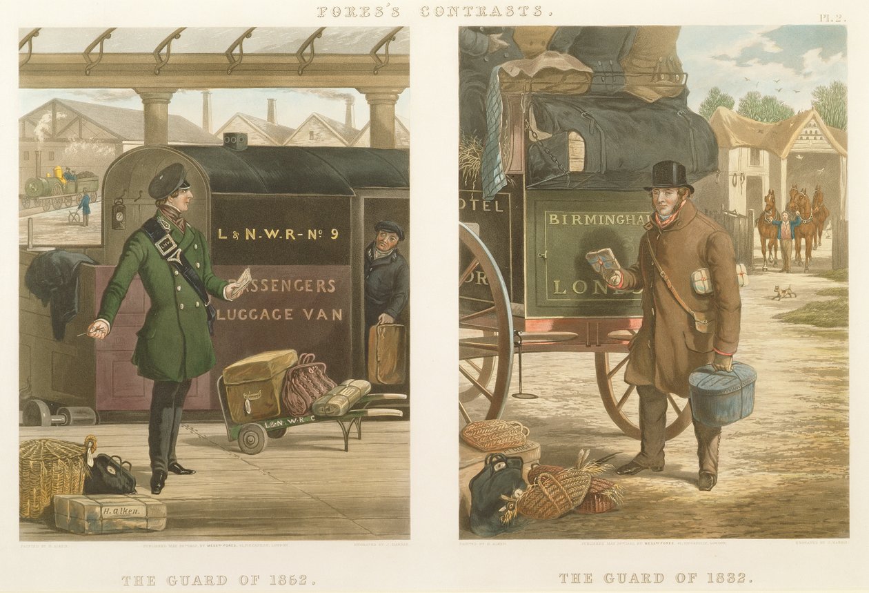 Contrastes de Fore: A Guarda de 1832, A Guarda de 1852, gravada por John Harris (1811-65) 1852 (aquatinta colorida à mão) de Henry Thomas Alken