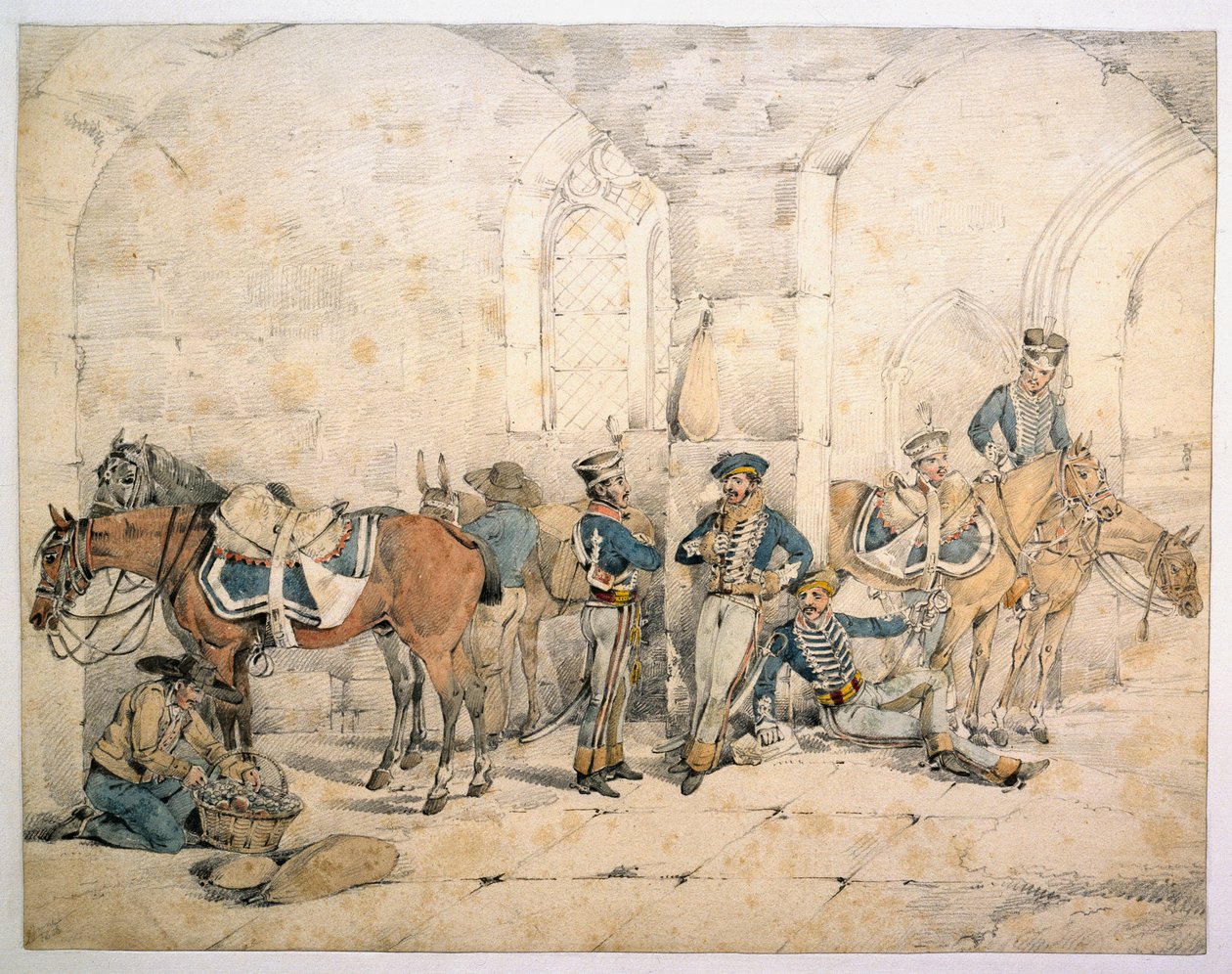 Hussardos na Península, possivelmente 1º Hussardos, Legião Alemã do Rei, 1808 por volta de de Henry Thomas Alken