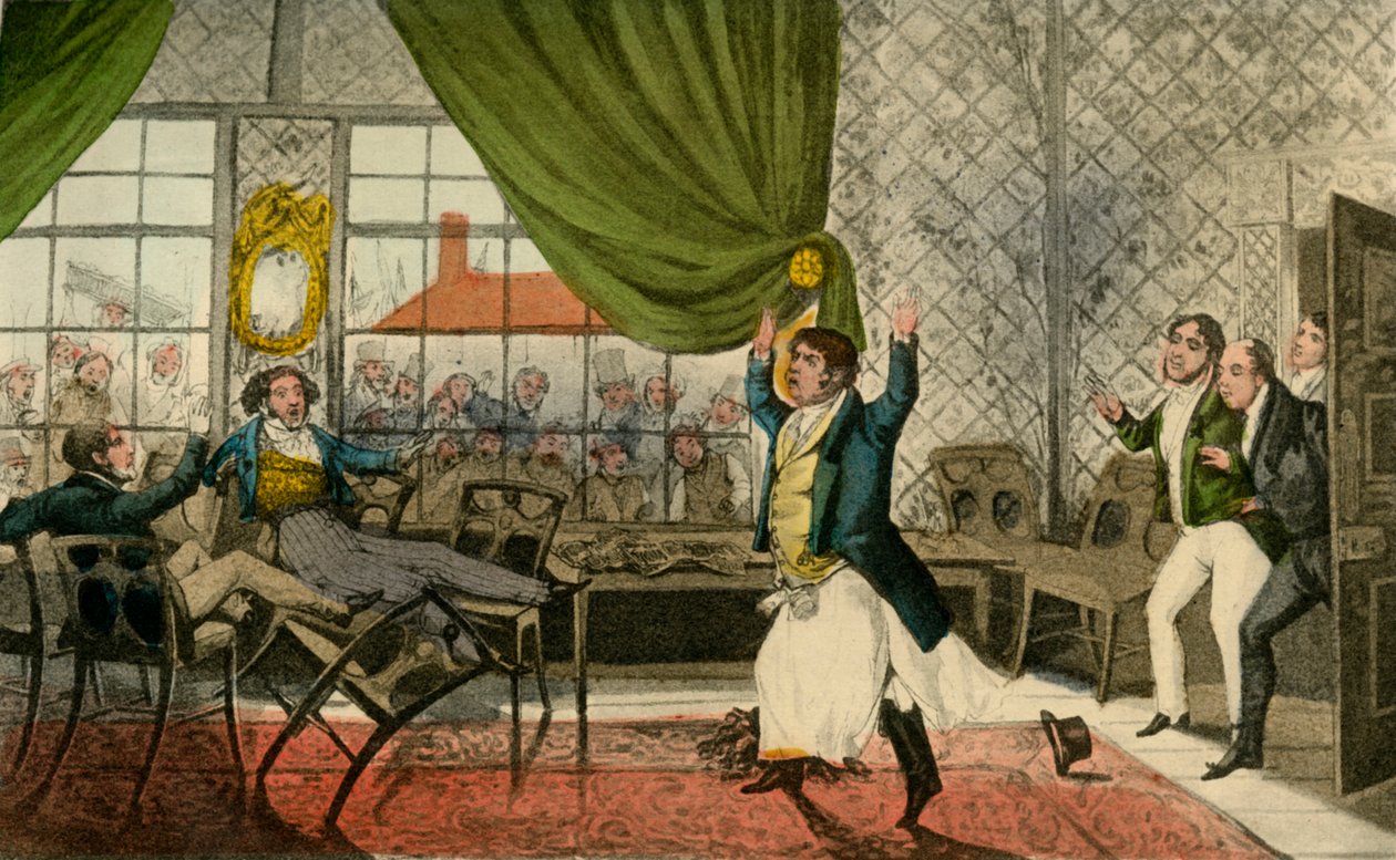 Oh senhores! Cavalheiros! aqui está uma ocorrência lamentável, 1838 de Henry Thomas Alken