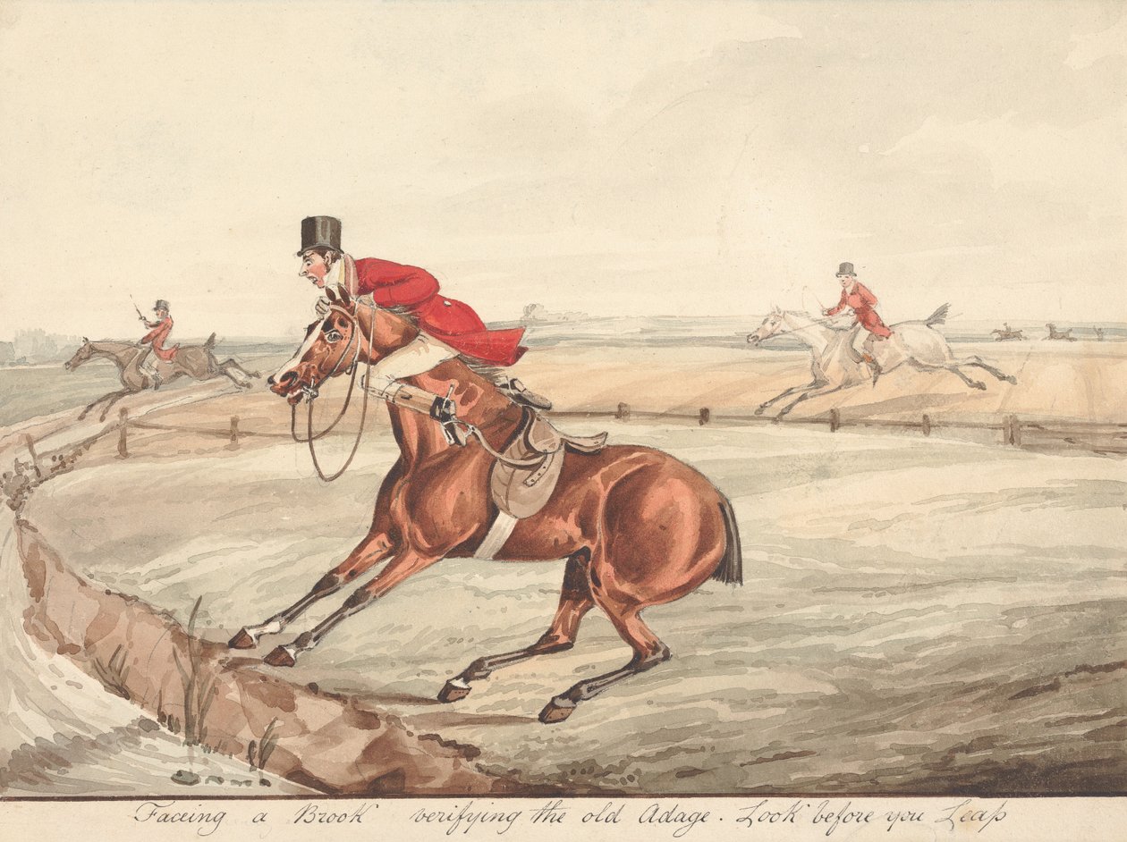 «Cavalos qualificados e cavaleiros inexperientes»: «Ao deparar-se com um ribeiro, confirma-se o velho ditado: “Olha antes de saltar”» de Henry Thomas Alken