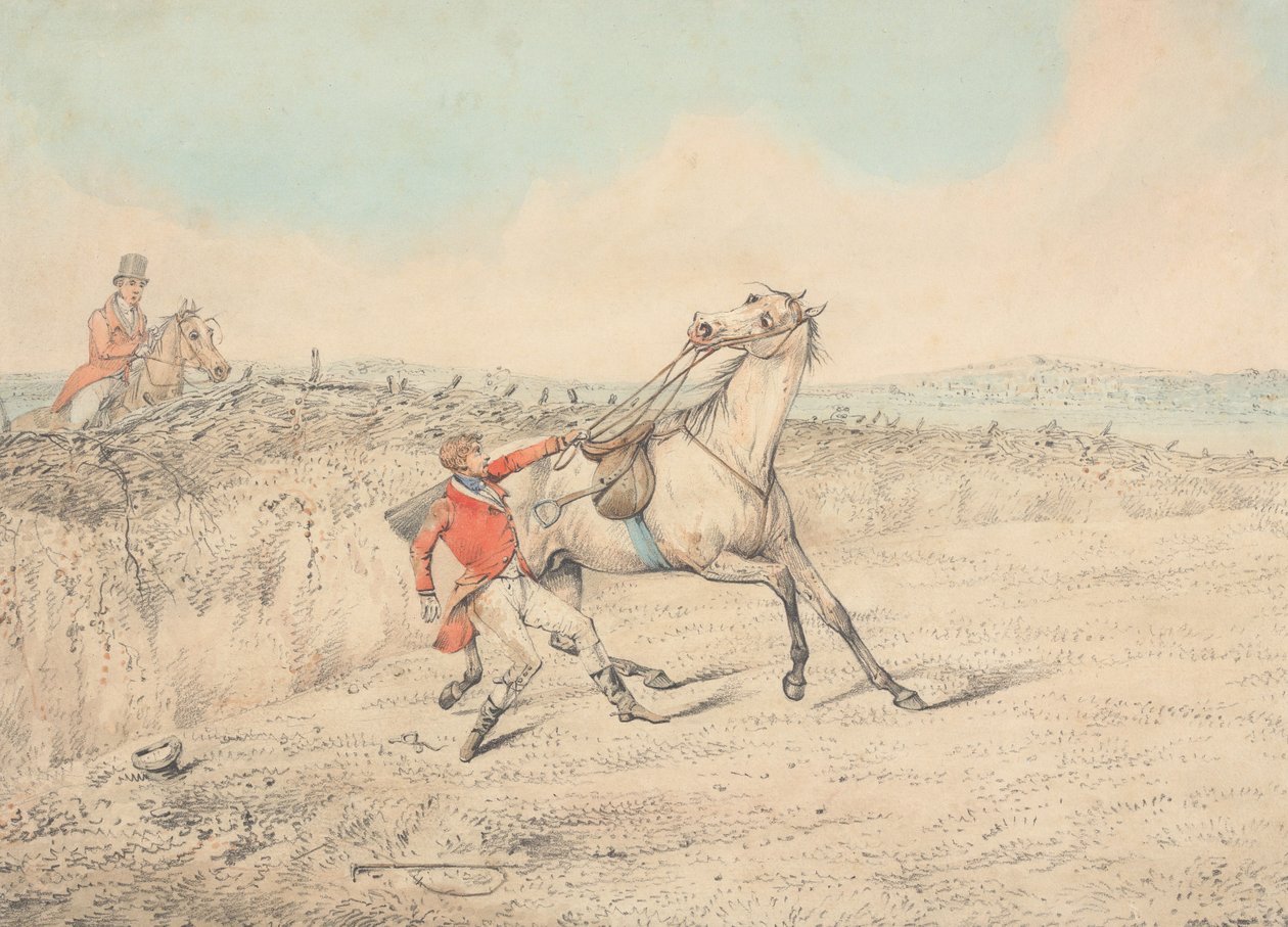 Cavaleiro agarrado a um cavalo cinzento após uma queda de Henry Thomas Alken