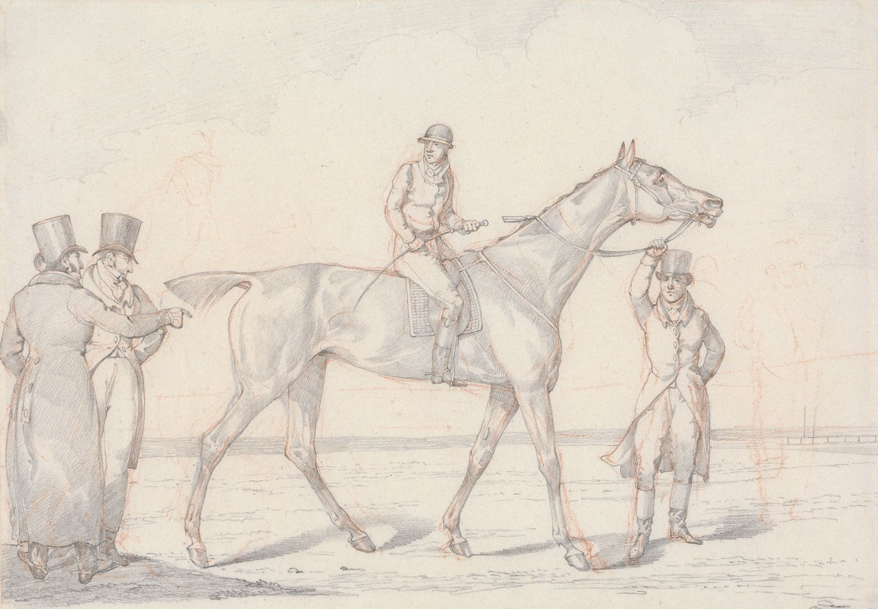 «Scraps», n.º 15: cavalo de corrida com jóquei montado, dois homens discutem o cavalo de Henry Thomas Alken