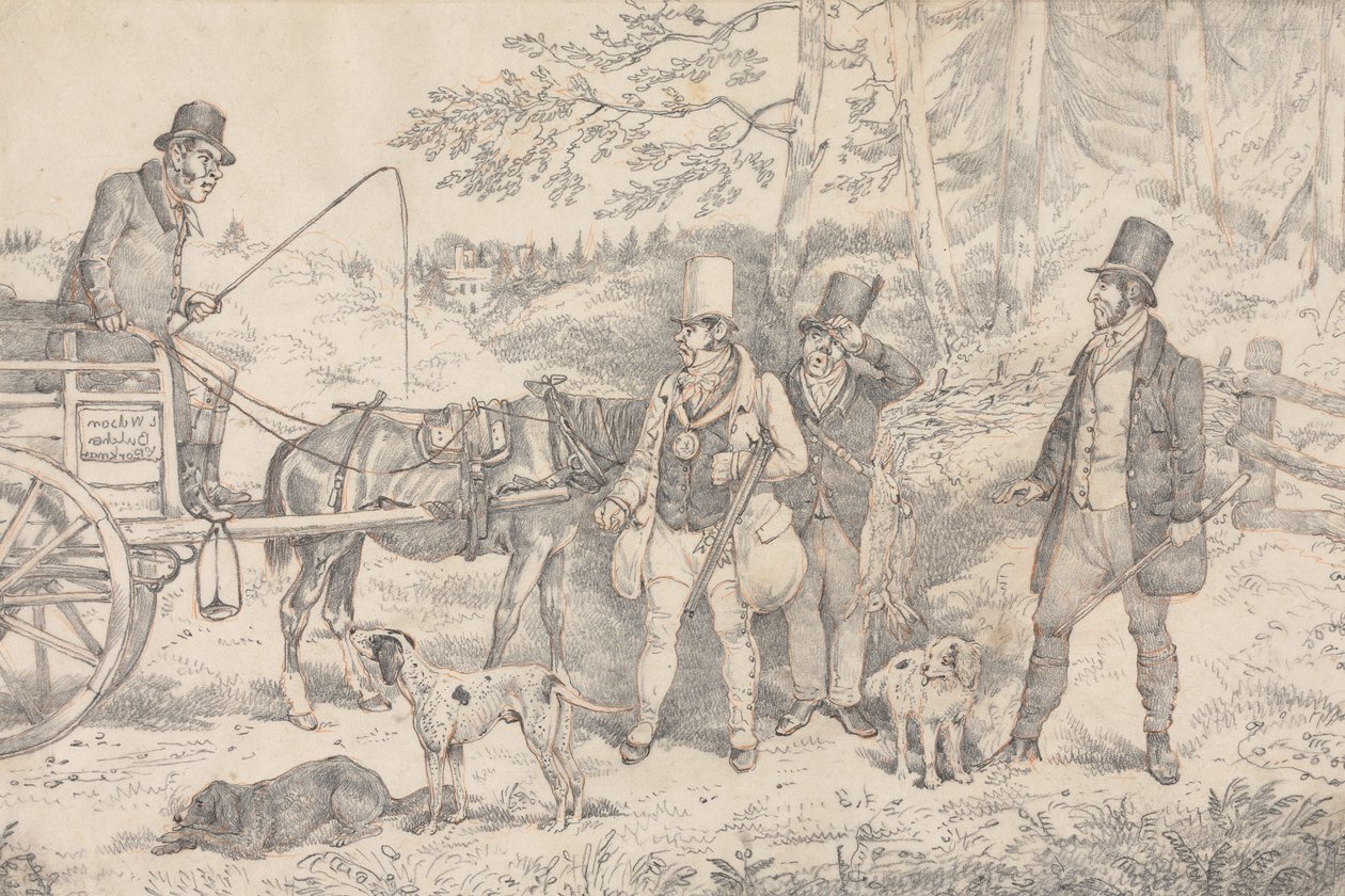 «Anedotas desportivas:» Desenho para a água-forte de verniz mole «O talhante desportivo» de Henry Thomas Alken