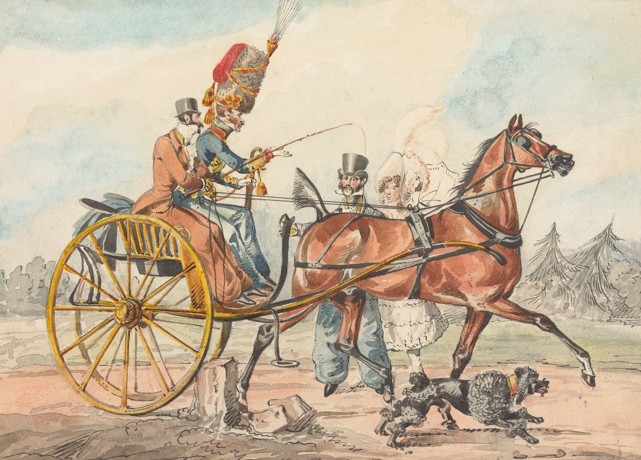 «Descobertas desportivas, ou as misérias de conduzir ...» Descobre que deixou passar despercebido um pequeno poste do lado da mão que segura o chicote de Henry Thomas Alken