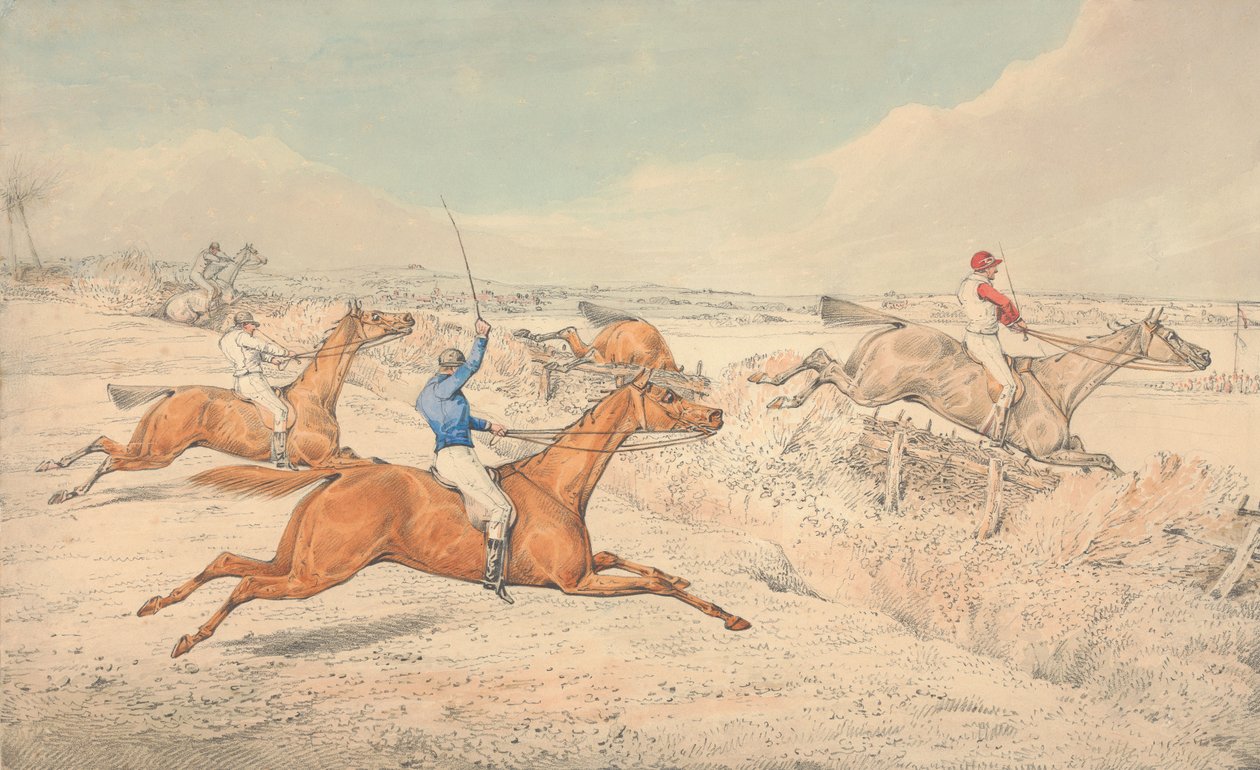Corrida de obstáculos: Quatro cavaleiros a enfrentar uma vala e um oxer de Henry Thomas Alken