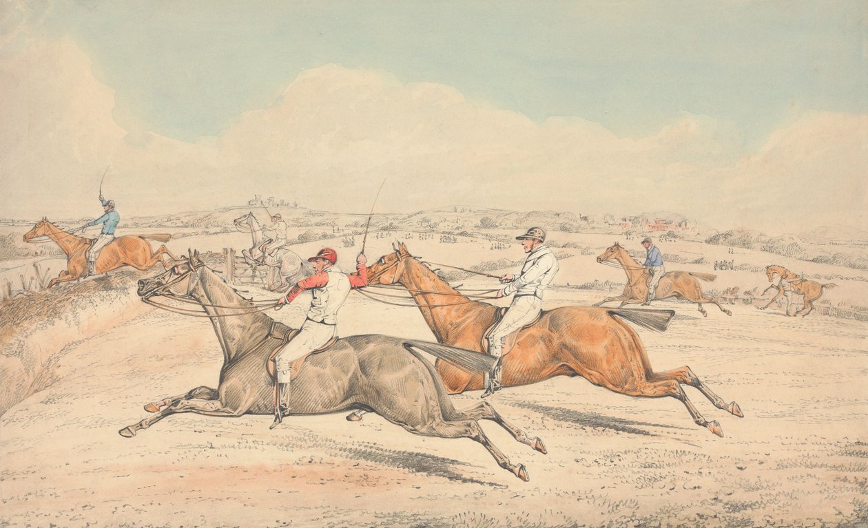 Corrida de obstáculos: os participantes a aproximarem-se de uma vala de Henry Thomas Alken