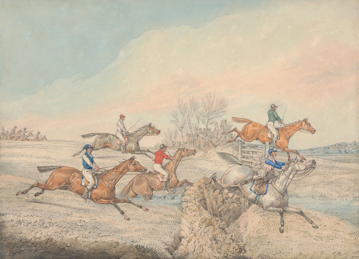 Corrida de obstáculos: o pelotão transpõe um muro de pedra e um portão de Henry Thomas Alken