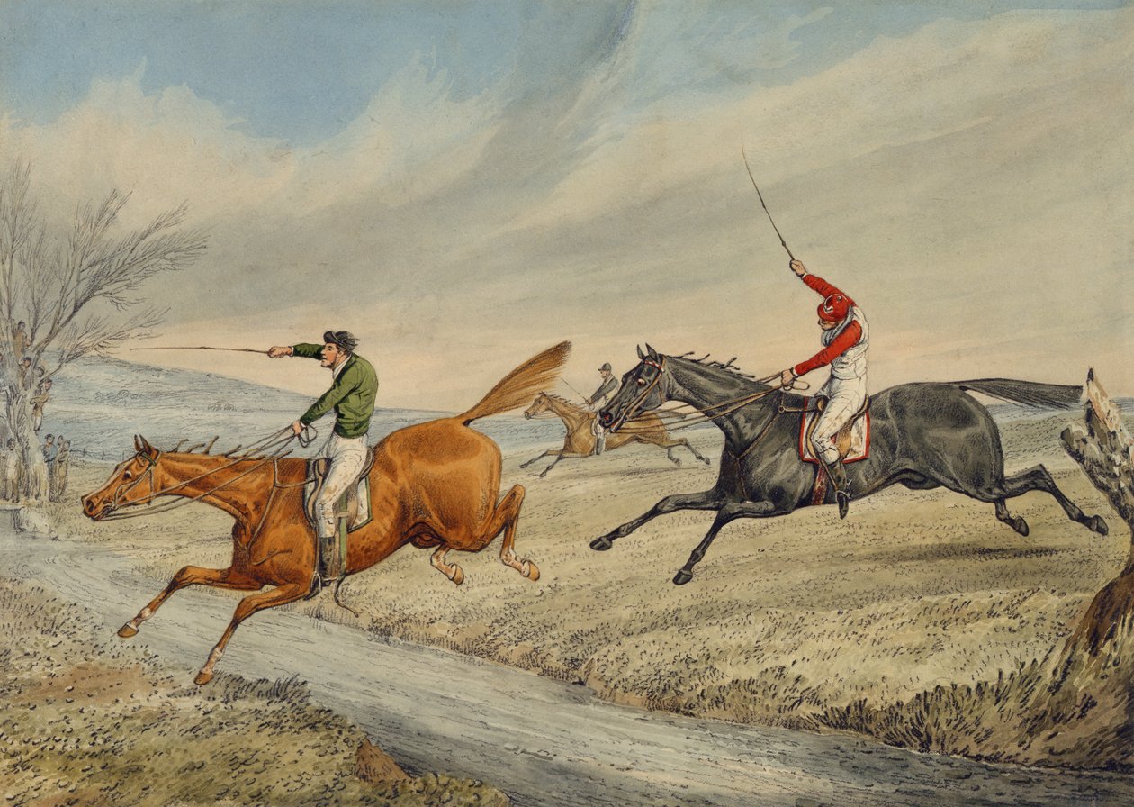 Steeplechasing: Três pilotos tomando um Brook (lápis e wc no papel) de Henry Thomas Alken