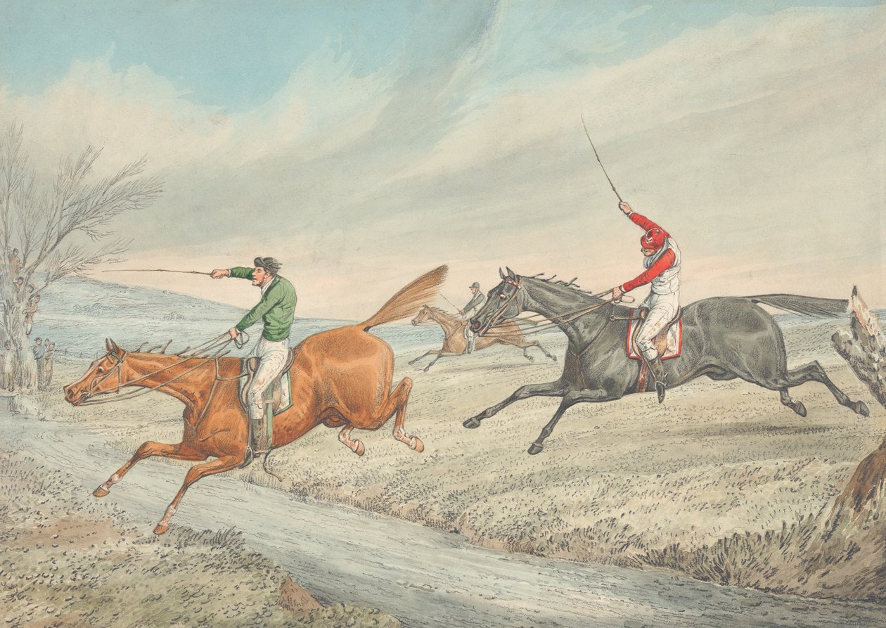 Corrida de obstáculos: Três cavaleiros a atravessar um ribeiro de Henry Thomas Alken