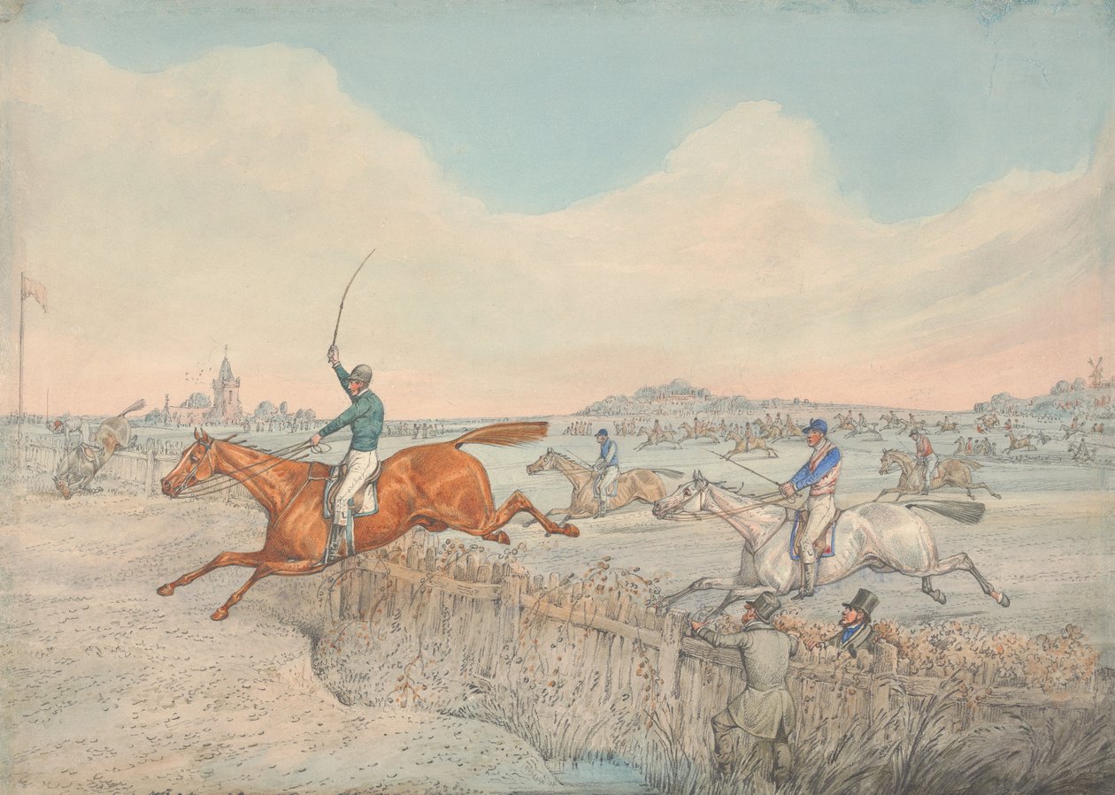 Corrida de obstáculos: dois cavaleiros a saltar uma vedação de madeira de Henry Thomas Alken