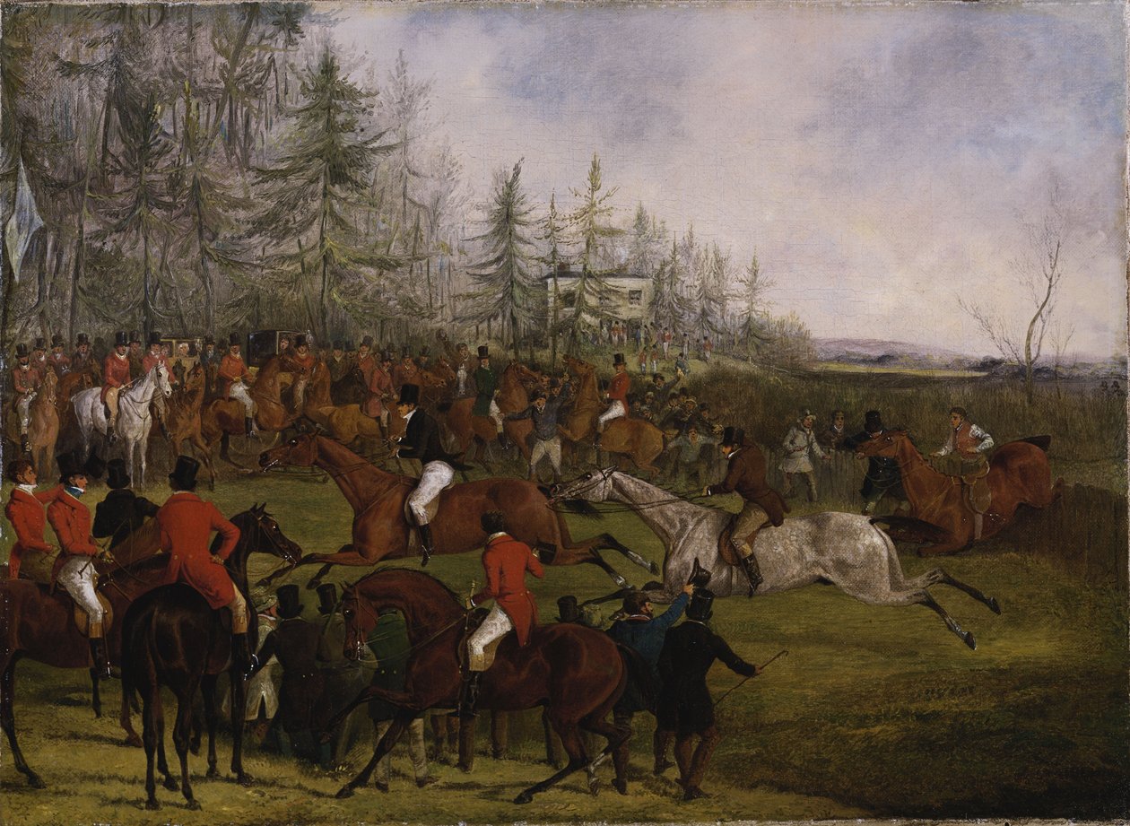 Grand Leicestershire Steeplechase, 12 de março de 1829: The Winning Post e Billesdon Coplow de Henry Thomas Alken
