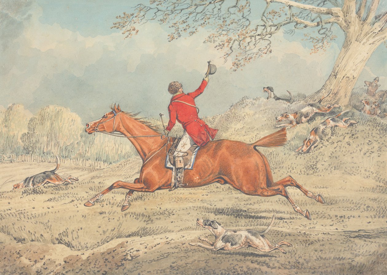 O caçador, a galopar para a esquerda e a incentivar os cães de caça de Henry Thomas Alken