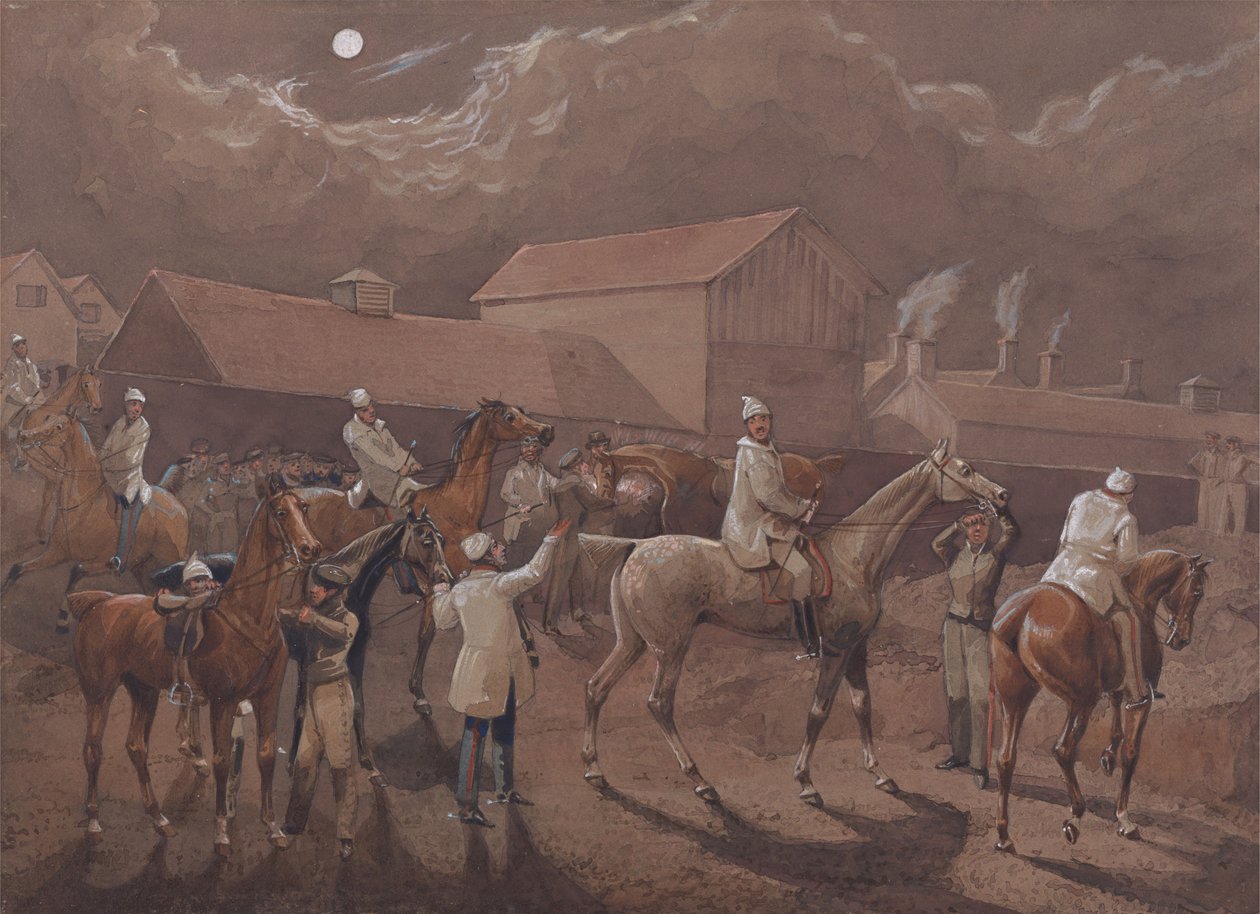 Os cavaleiros nocturnos de Nacton: preparativos para a partida. Ipswich, o bebedouro atrás dos quartéis de Henry Thomas Alken