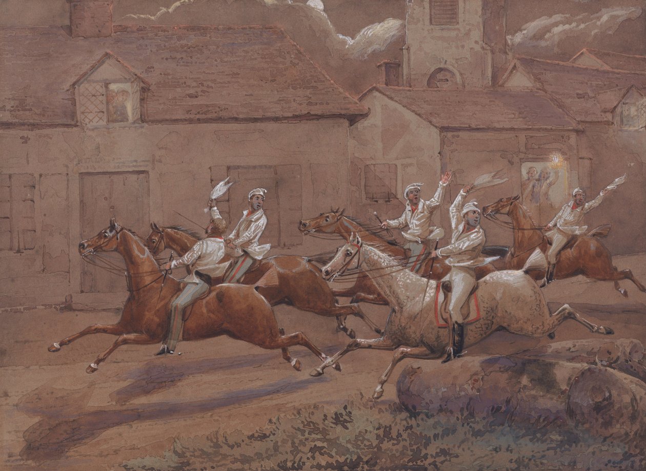 Os cavaleiros nocturnos de Nacton: O final. Igreja e aldeia de Nacton de Henry Thomas Alken