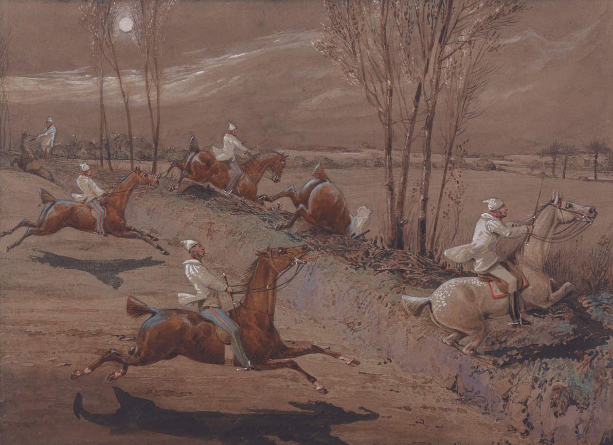 Os cavaleiros nocturnos de Nacton: Hurra! E avante! O grande campo perto de Biles Corner de Henry Thomas Alken