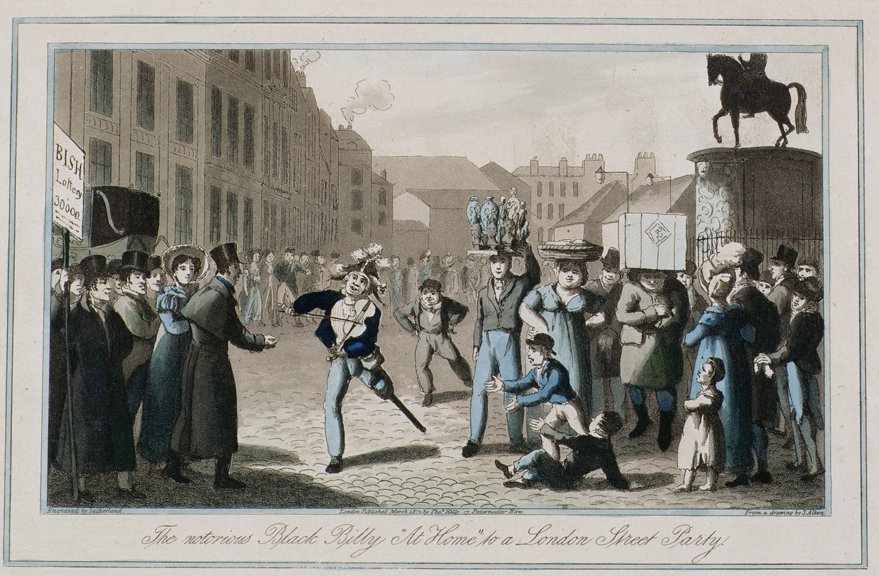 O Notório Billy Preto &39;Em Casa&39; para uma Festa de Rua de Londres, gravado por Thomas Sutherland (n.1855) 1823 (gravura colorida) de Henry Thomas Alken