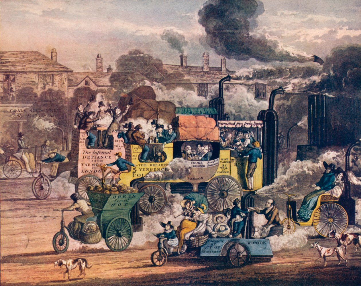 O Progresso do Steam - Uma vista em White Chapel Road, 1905 de Henry Thomas Alken