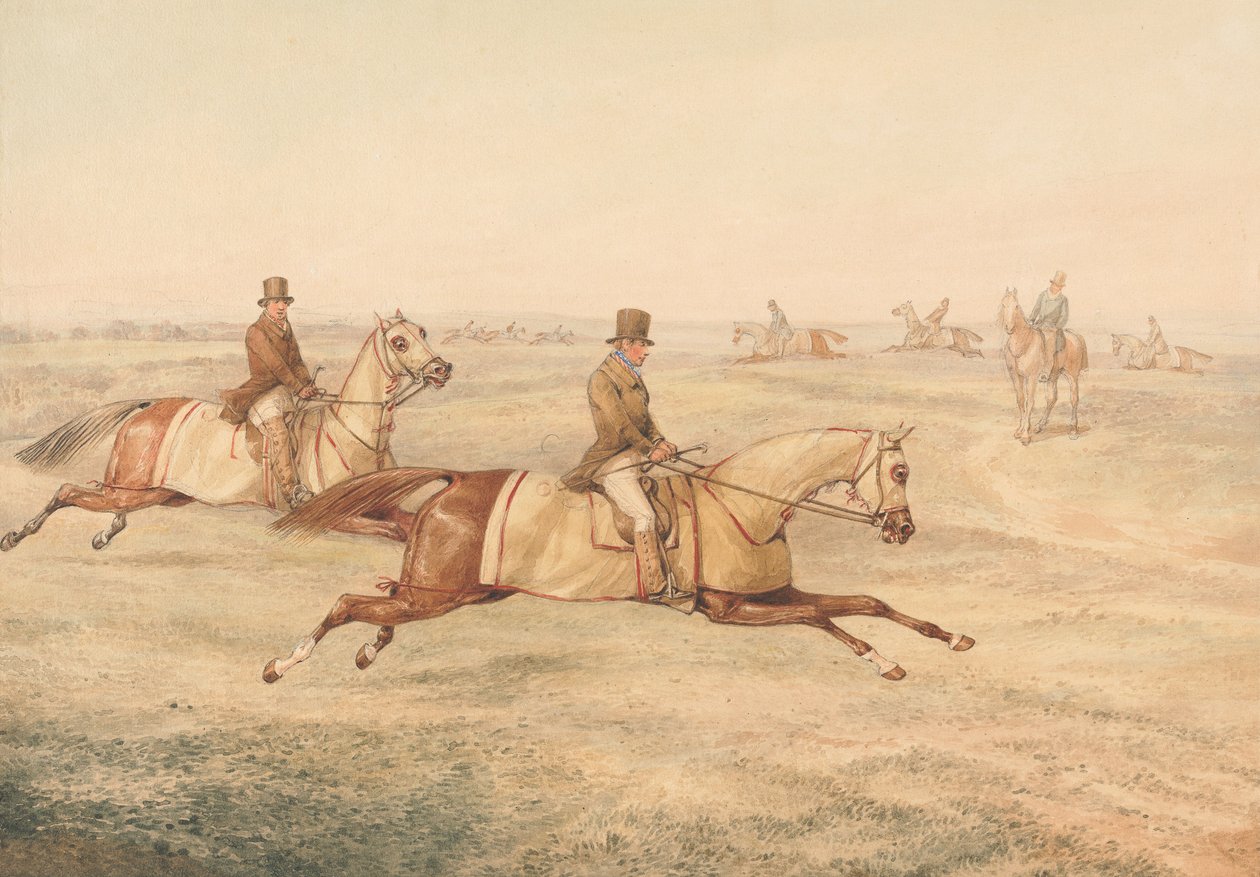 Dois cavaleiros a treinar cavalos a galope de Henry Thomas Alken