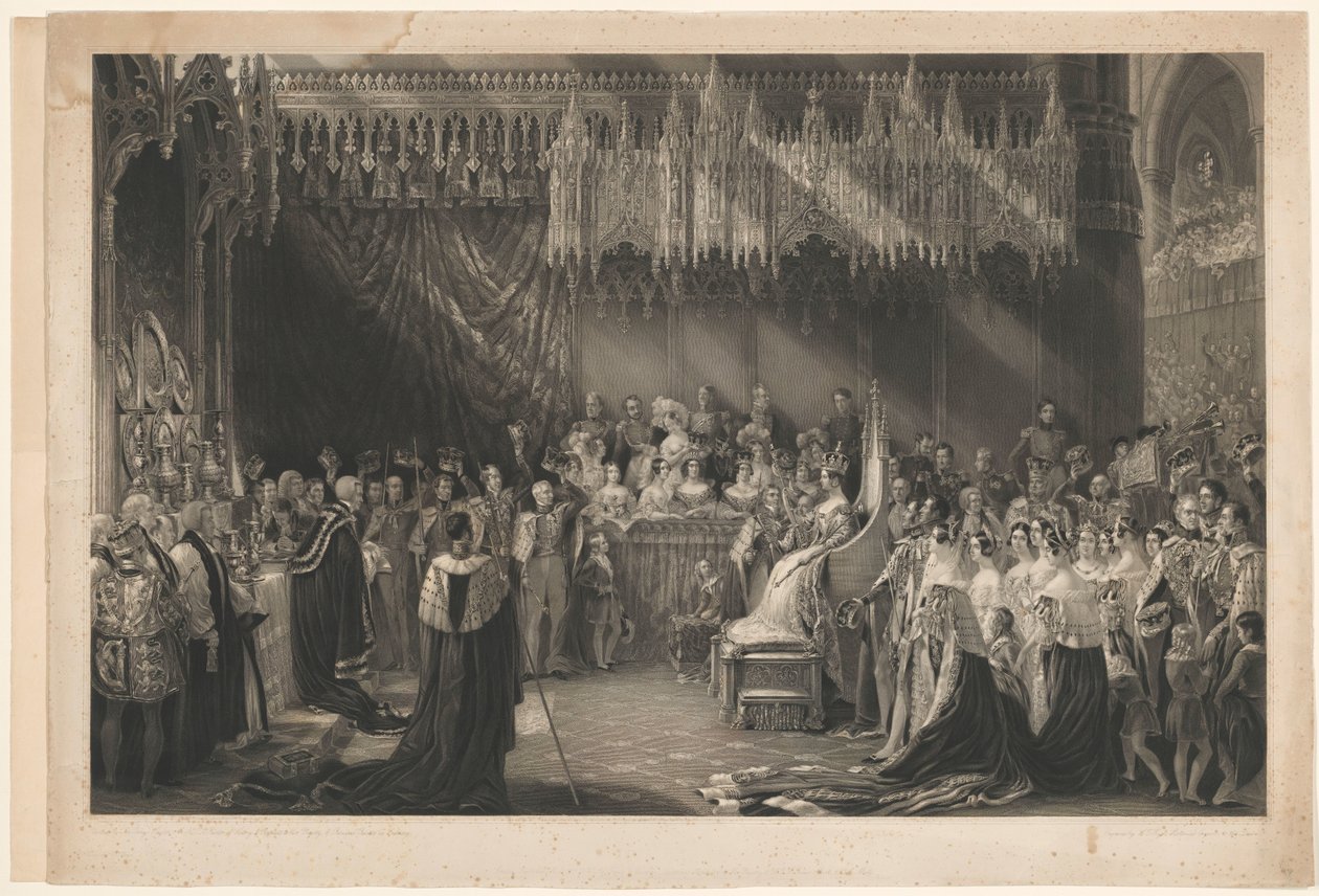 Coroação da Rainha Vitória de Inglaterra. Depois de George Hayter, com endereço para Graves and Warmsby. Esboço e lenda em anexo de Henry Thomas Ryall