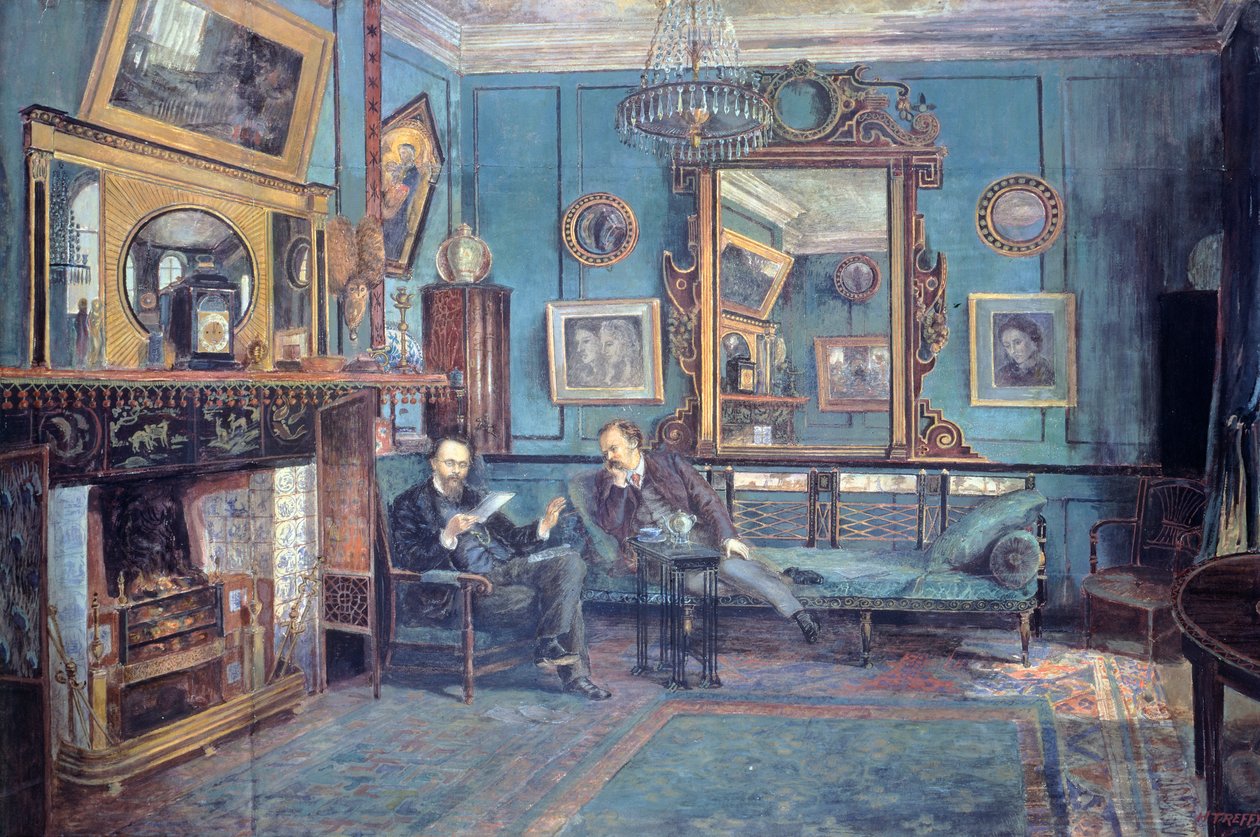 Dante Gabriel Rossetti lendo poema para Theodore Watts-Dunton na sala de estar de Henry Treffry Dunn (1838-1899) de Henry Treffry Dunn