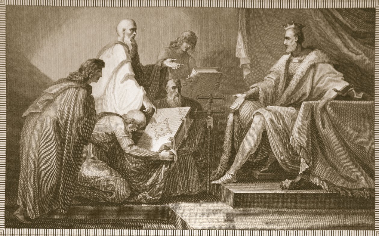 Doomsday Book apresentado a William I, gravado por J. Fittler, ilustração de David Hume "The History of England", pub. por R. Bowyer, Londres, 1812 de Henry Tresham