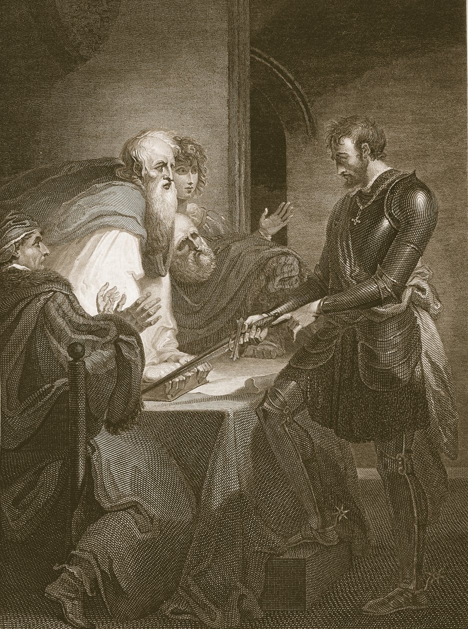 Earl Warenne justificando os títulos de suas propriedades, gravados por J. Fittler, ilustração de "The History of England", de David Hume. por R. Bowyer, Londres, 1812 de Henry Tresham