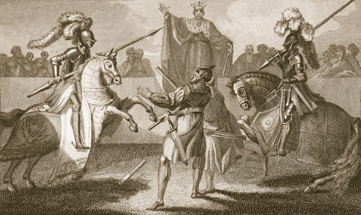 Richard II suspendendo o duelo entre Hereford e Norfolk, ilustração de "The History of England", de David Hume, pub. por R. Bowyer, Londres, 1812 de Henry Tresham