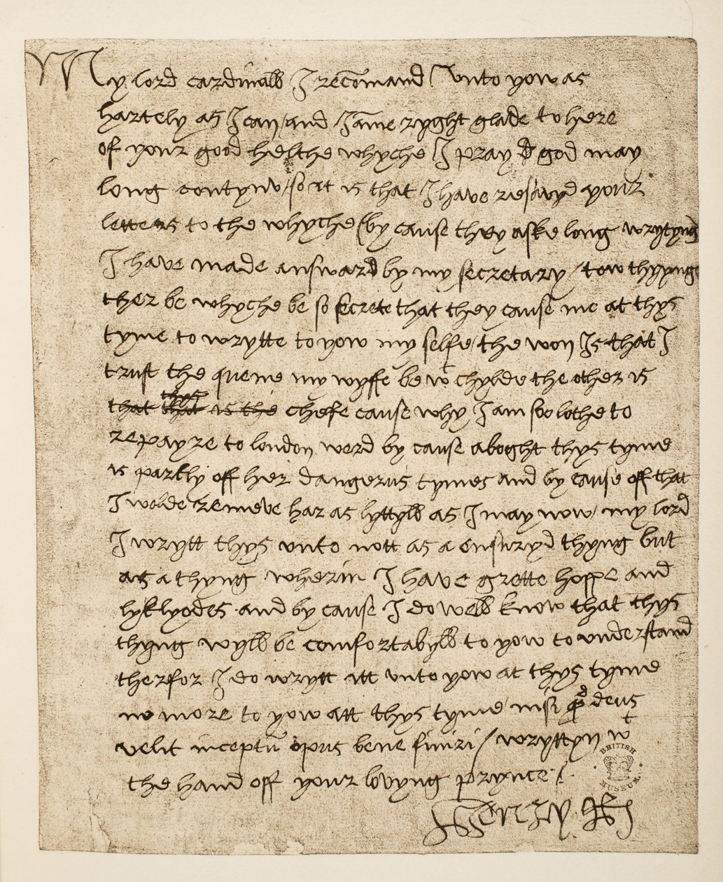 Fac-símile de uma carta de Henrique VIII para o Cardeal Wolsey, datada de julho de 1518, pub. 1902 (collotype) de Henry VIII