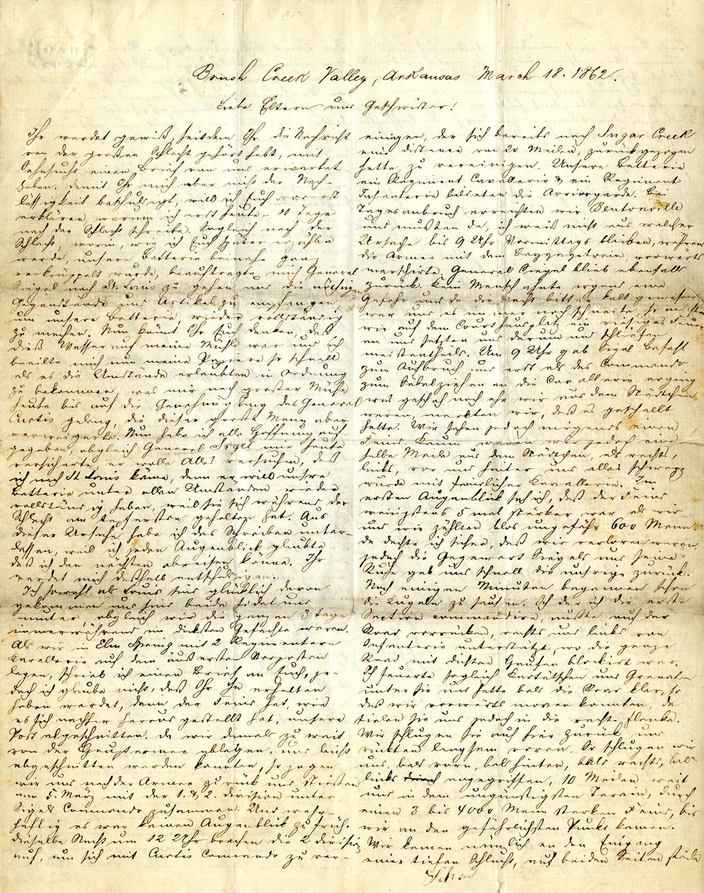 Carta assinada por Henry [Henry Voelkner], Brush Creek Valley, Arkansas, aos seus pais, irmãos e irmãs, 18 de março de 1862 de Henry Voelkner