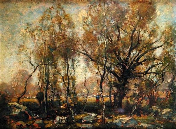 Figura em uma Paisagem arborizada (óleo sobre tela) de Henry Ward Ranger