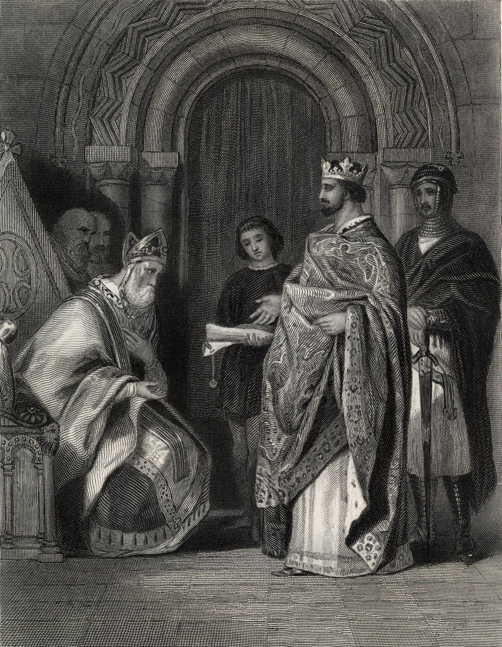 Henry II apresentando a Bula do Papa ao Arcebispo de Cashel, gravado por G. Greatbach de Henry Warren