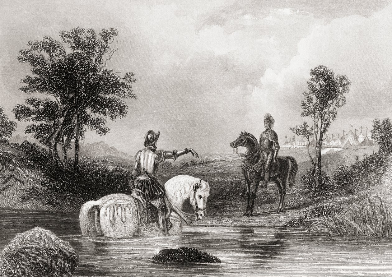 A reunião do conde de Essex e do conde de Tyrone, no Condado de Louth, na Irlanda, em 1599, de "The History of Ireland", de Thomas Wright, publicado em c.1854 de Henry Warren