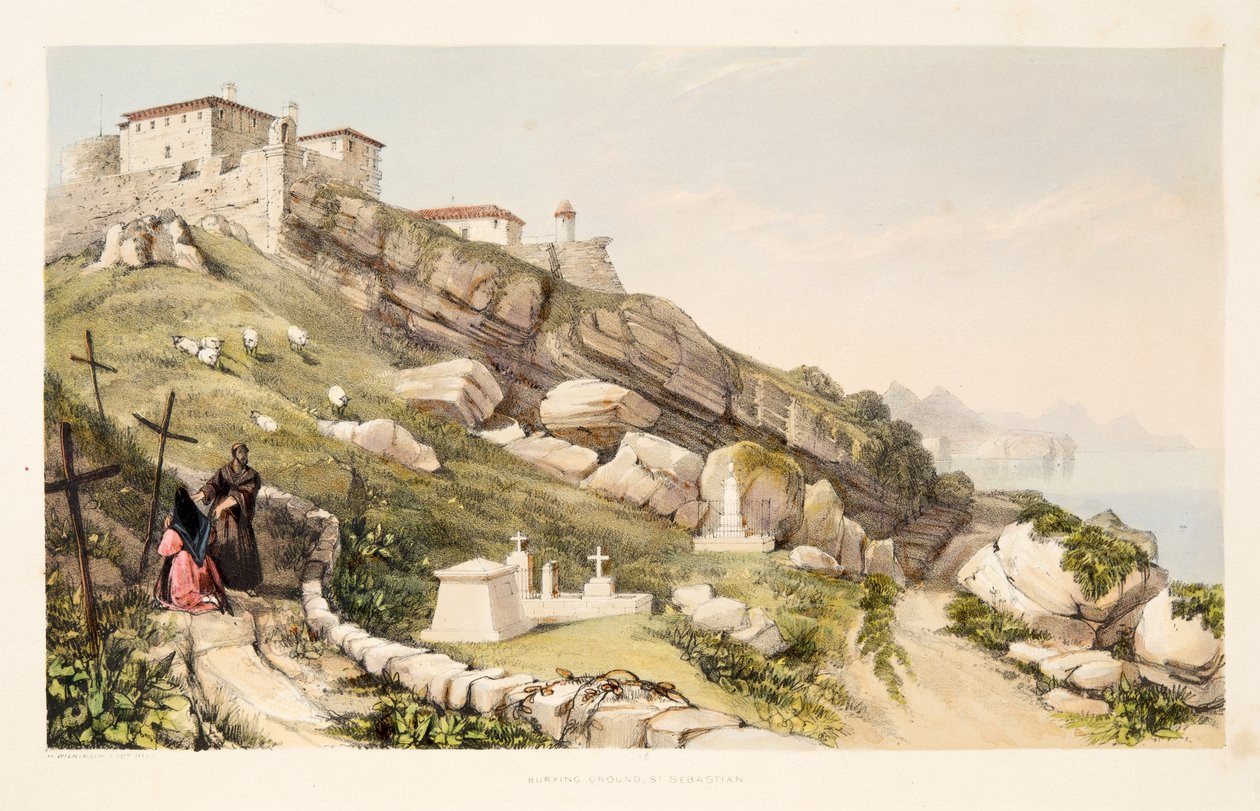 Lugar do enterro de oficiais britânicos no monte do castelo de San Sebastian, dos esboços do cenário nas províncias Basque de Spain, com uma seleção da música nacional, Bar. 1838 (gravin colorido à mão de Henry Wilkinson