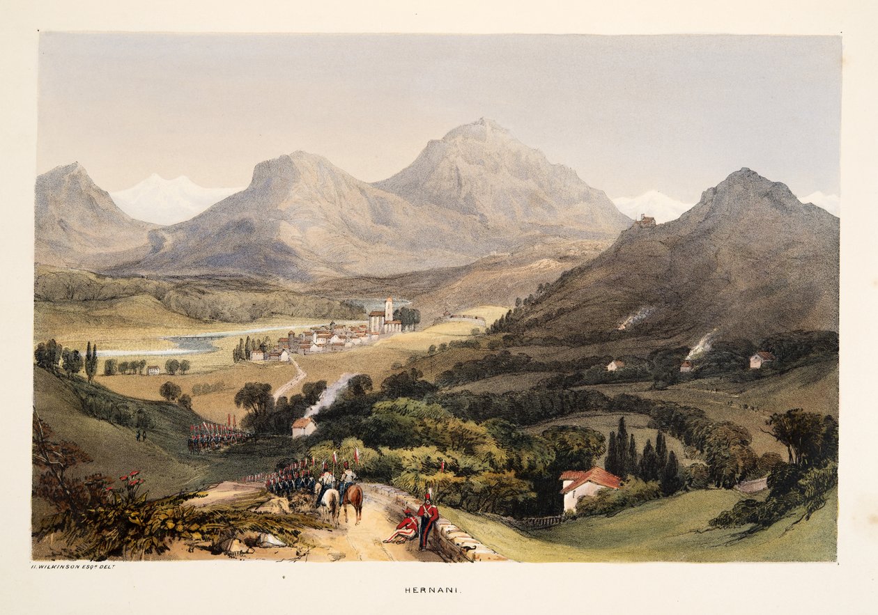 Hernani, de Sketches de scenery nas províncias bascas de Espanha, com uma selecção de música nacional , pub. 1838 (gravura colorida à mão) de Henry Wilkinson