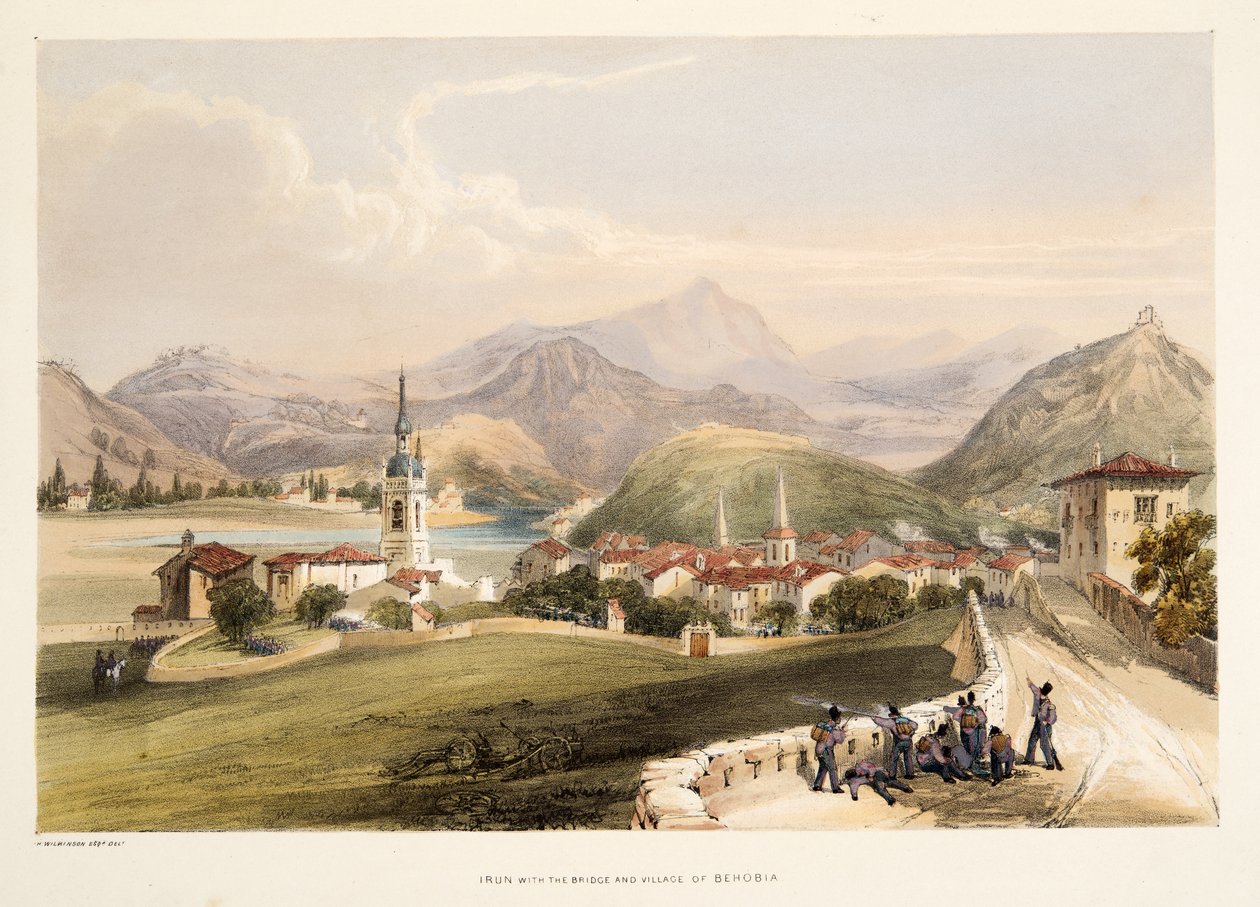 Irun, com o Monte San Martial e a Ponte dos Capauchinos, a partir de Esboços de paisagem nas províncias bascas da Espanha, com uma seleção de música nacional , pub. 1838 (gravura colorida à mão) de Henry Wilkinson