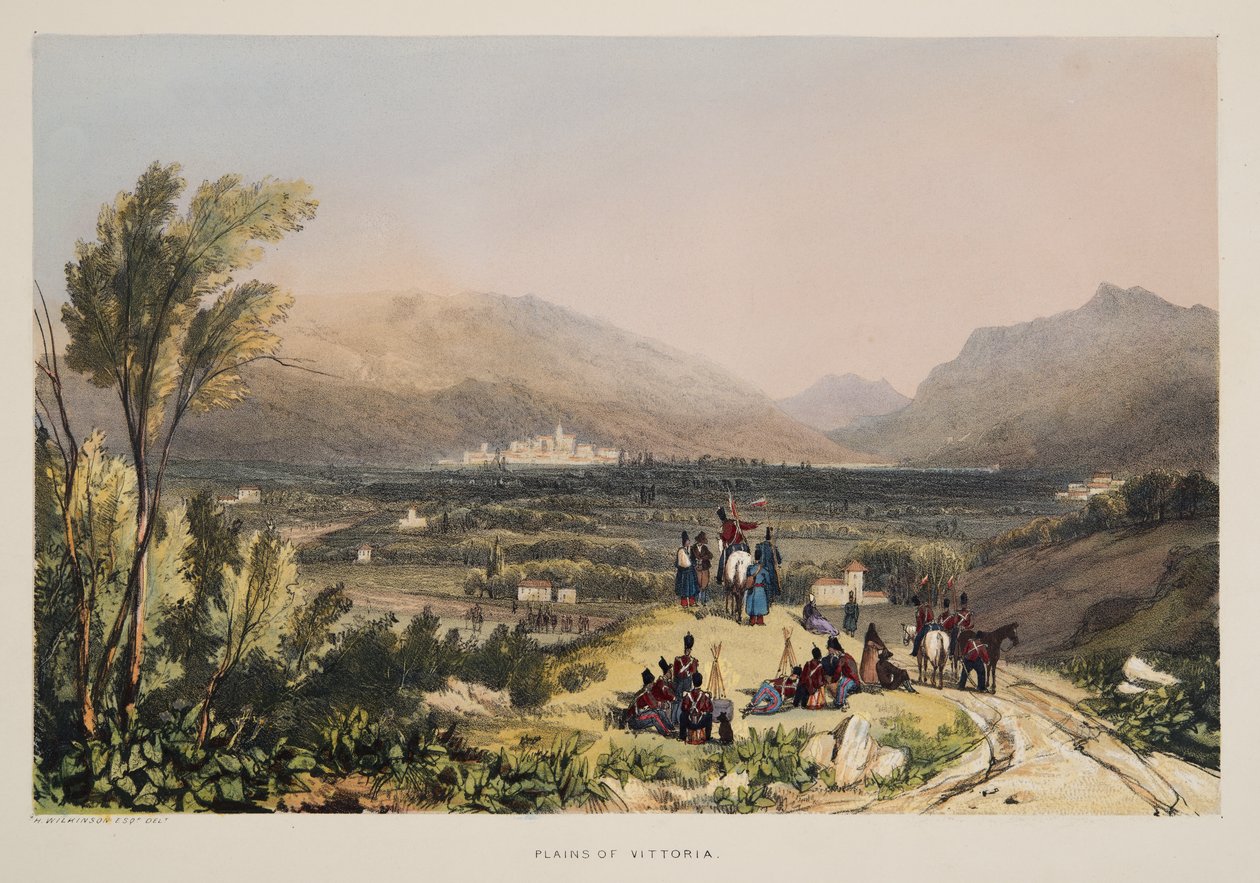 Planícies e cidade de Vitória, a partir de esboços de cenário nas províncias bascas da Espanha, com uma seleção de música nacional , pub. 1838 (gravura colorida à mão) de Henry Wilkinson