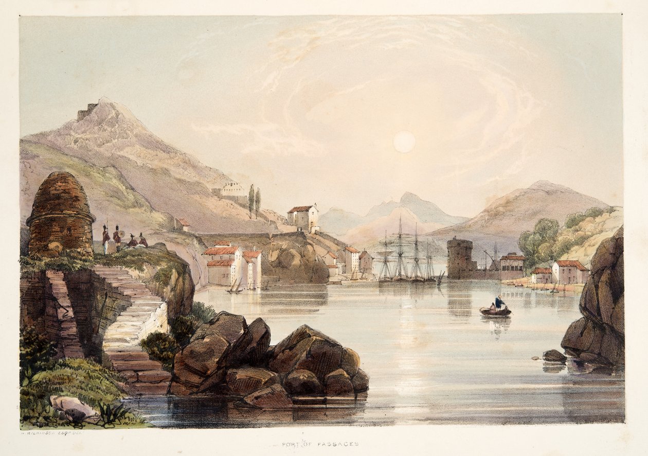 Port of Passages, a partir de Esboços de paisagem nas províncias bascas da Espanha, com uma seleção de música nacional, Pub. 1838 (gravura colorida à mão) de Henry Wilkinson