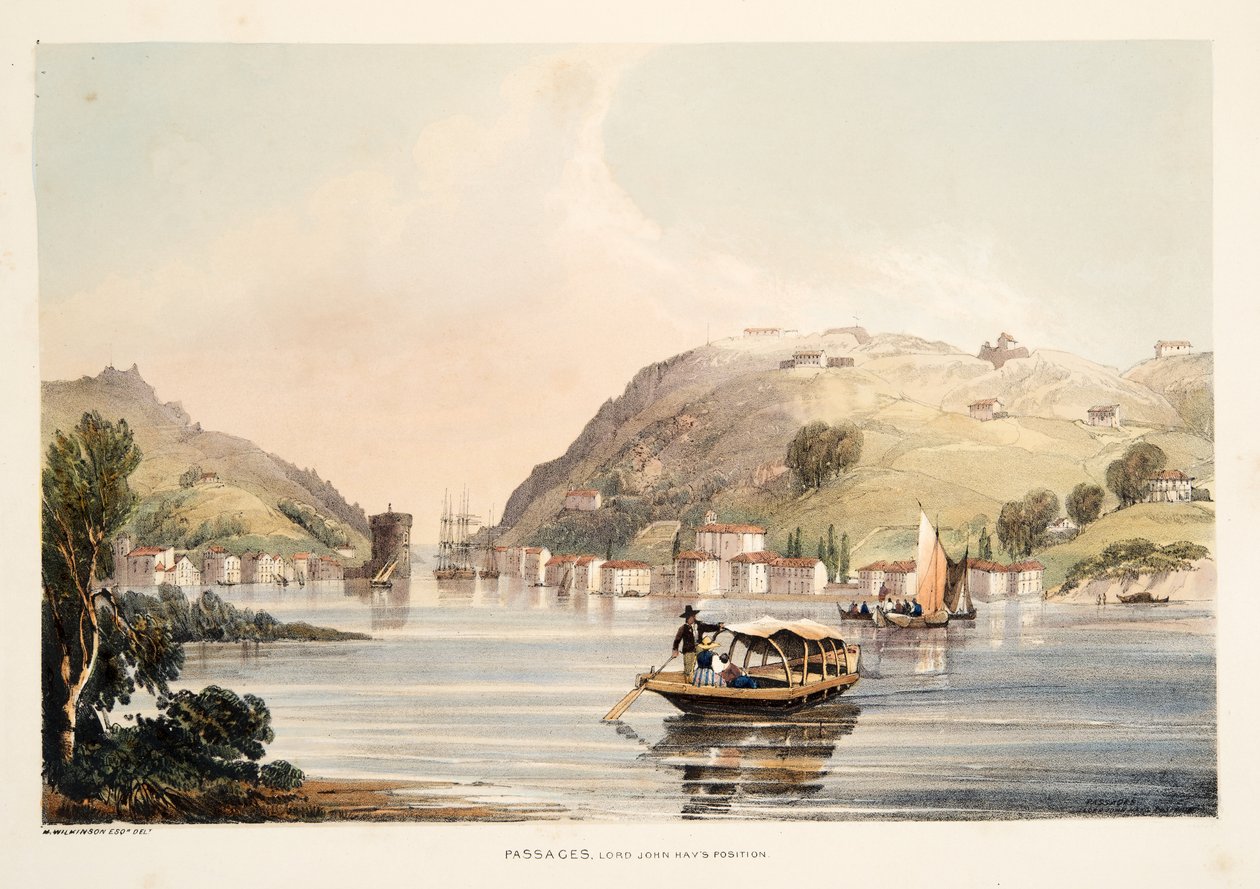 Posição do senhor John Hay, em passagens, dos esboços do cenário nas províncias bascas de Spain, com uma seleção da música nacional, Bar. 1838 (gravura colorida à mão) de Henry Wilkinson