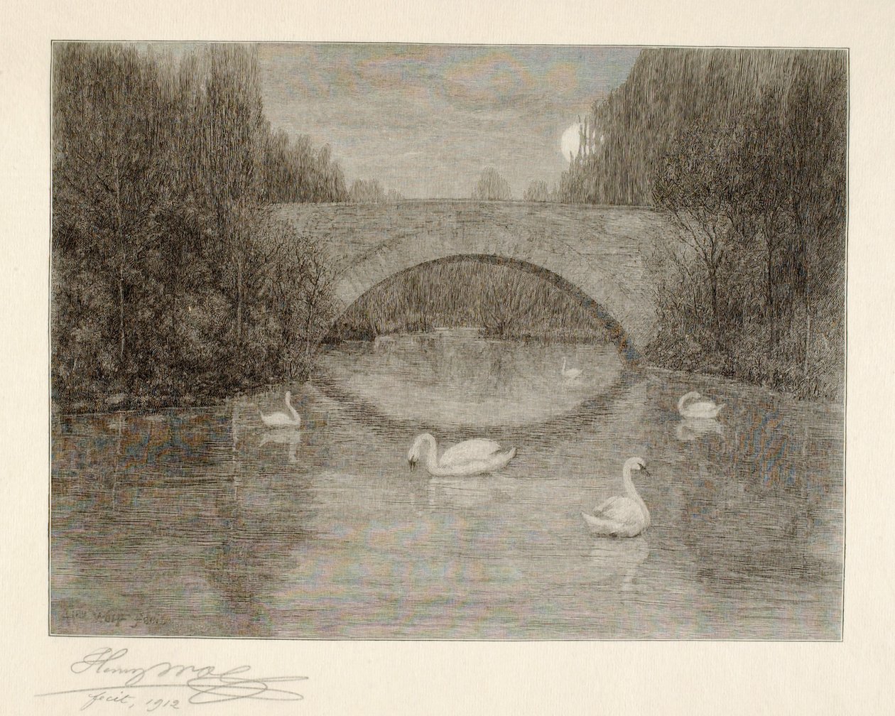 Noite, Lago dos Cisnes, Central Park, Nova Iorque de Henry Wolf